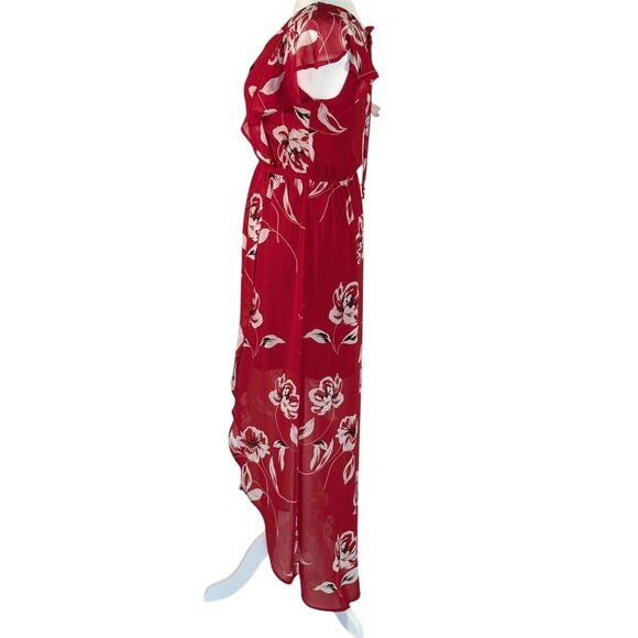 MauricesX-Small Womens Floral Wrap Dress Red White Ruffle Sleeve Maxi Sheer Over - Picture 6 of 10